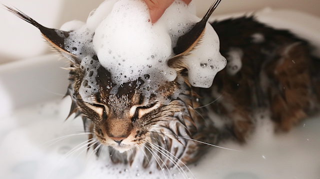 Cat Bathing with Soap Bubbles