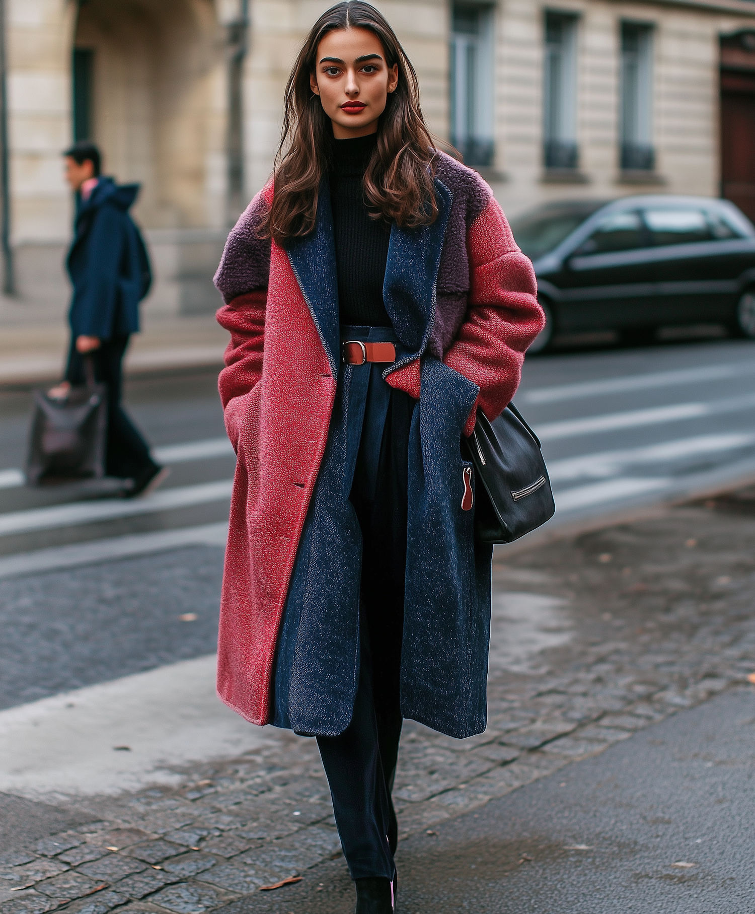 Woman in Stylish Oversized Coat on City Street