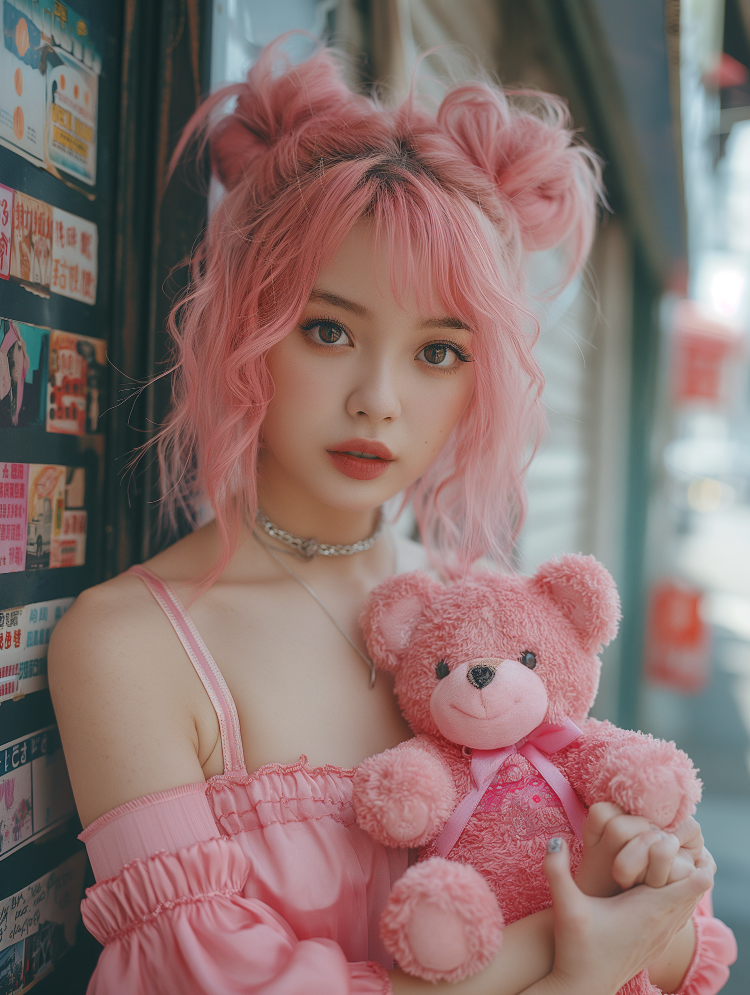 Portrait of a Young Woman with Pink Hair and Teddy Bear