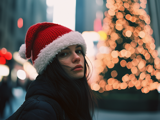 Woman with Santa Hat by Christmas Tree