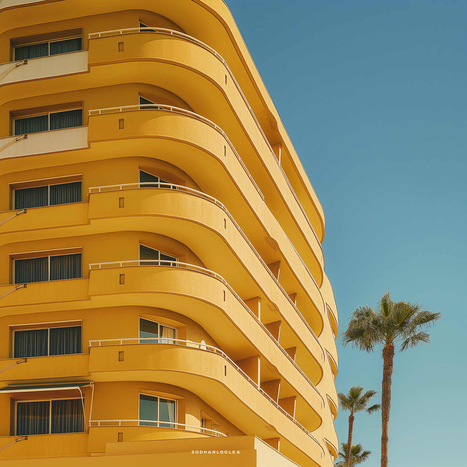 Curvilinear Yellow Architecture with Palm Trees