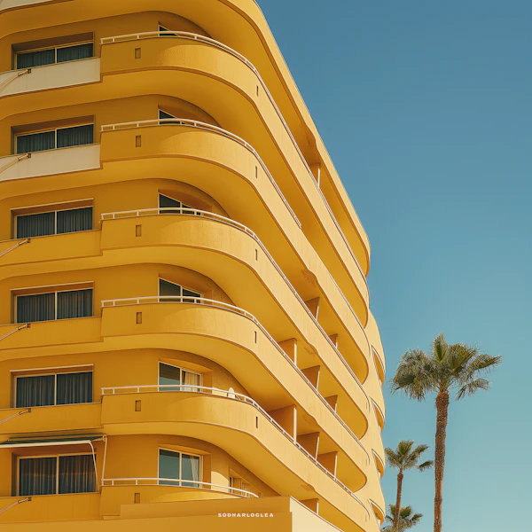 Curvilinear Yellow Architecture with Palm Trees