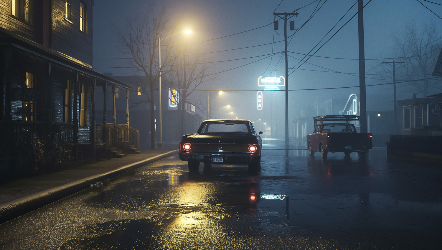 Foggy Night Street with Vintage Vehicles