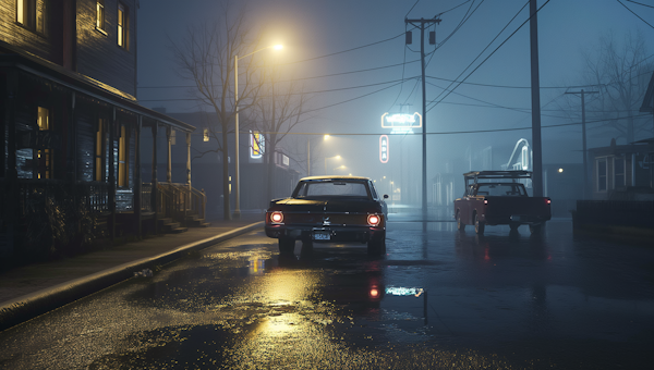 Foggy Night Street with Vintage Vehicles