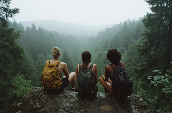 Hiking Adventure Overlooking Misty Forest