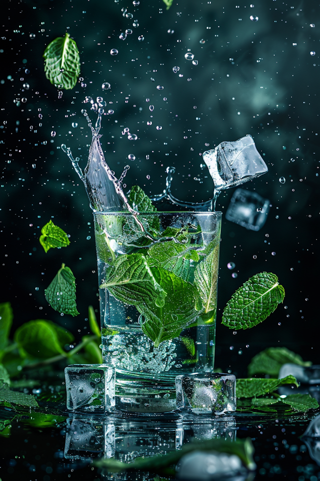 Dynamic Splash of Water in Glass with Mint Leaves