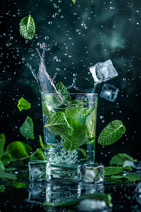 Dynamic Splash of Water in Glass with Mint Leaves