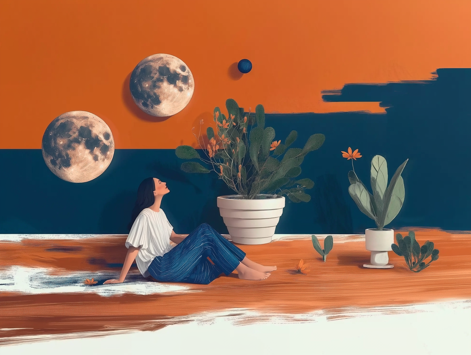 Contemplative Woman and Surreal Moons