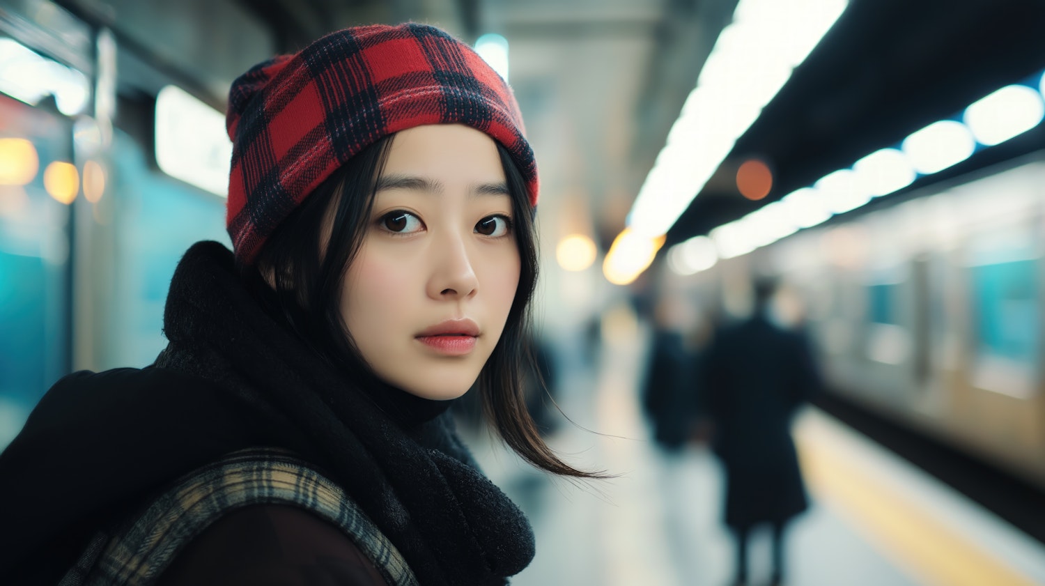 Contemplative Woman in Subway Station