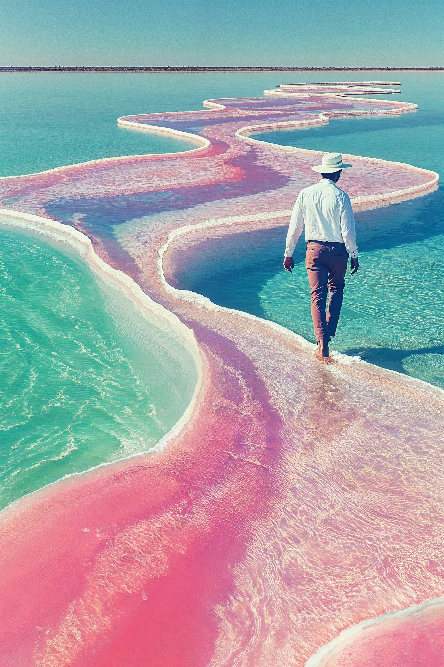 Man Walking on Pink Salt Formation