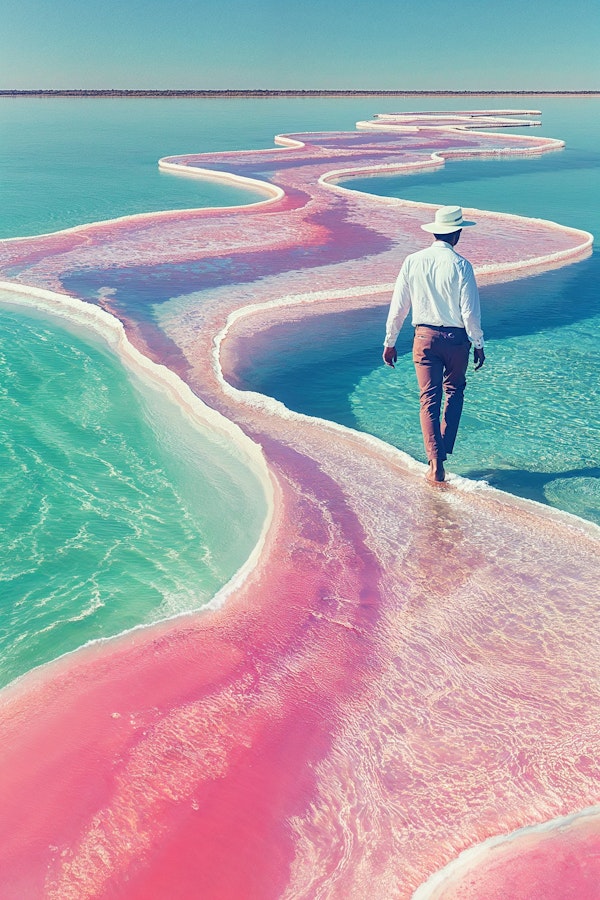 Man Walking on Pink Salt Formation