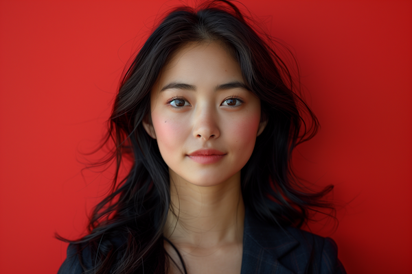 Serene Portrait of Young Woman with Red Background