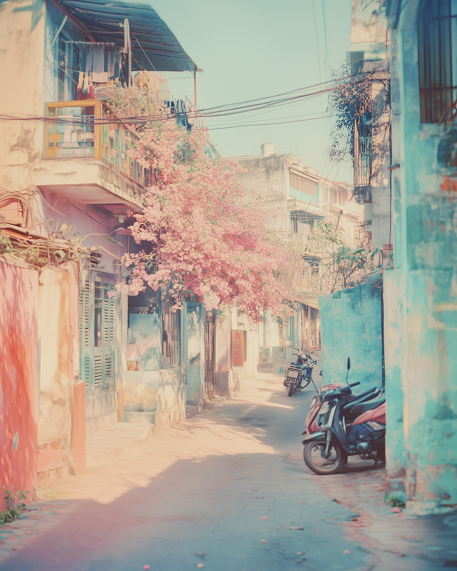 Serene Urban Street with Pink Blossoms