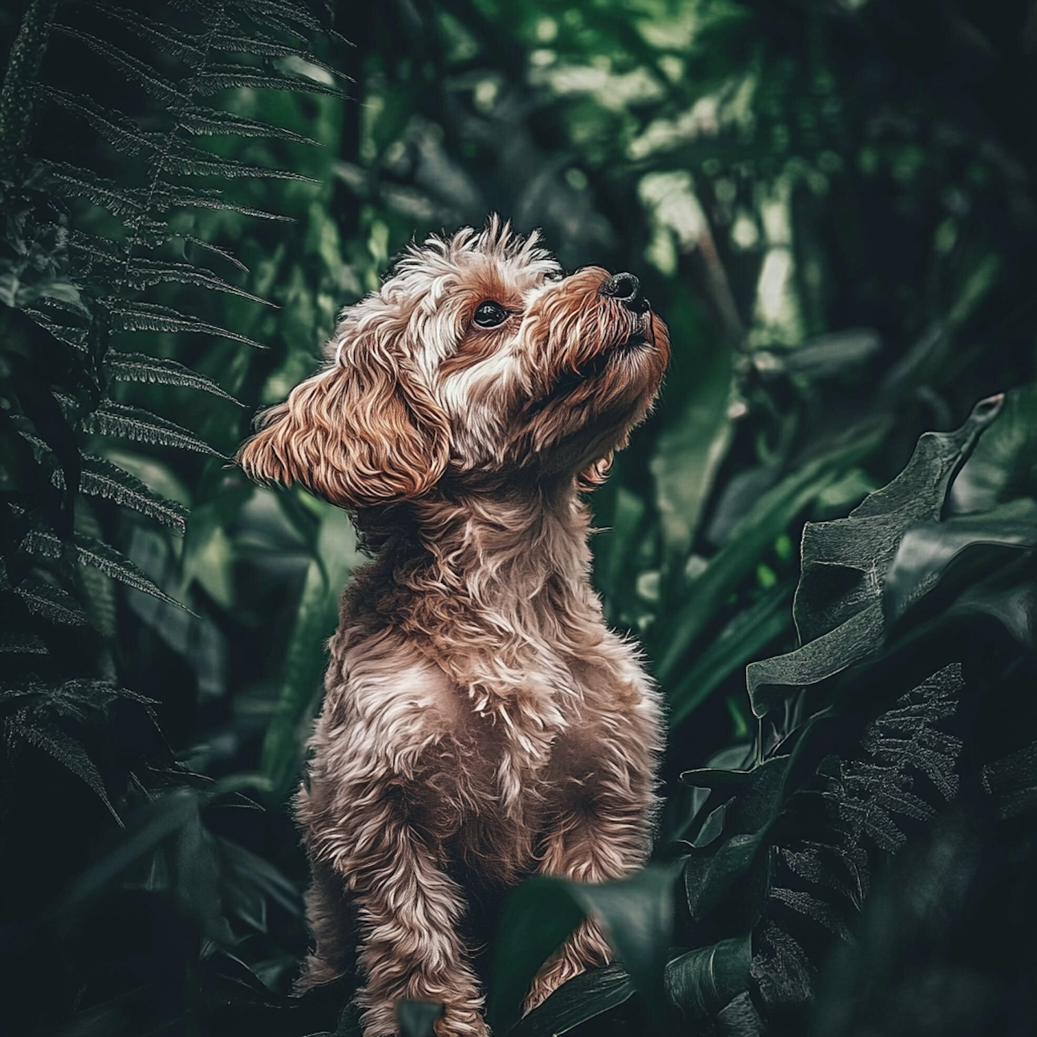 Curious Fluffy Dog in Greenery