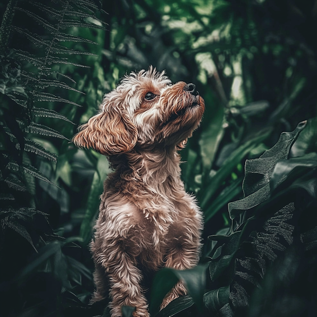 Curious Fluffy Dog in Greenery