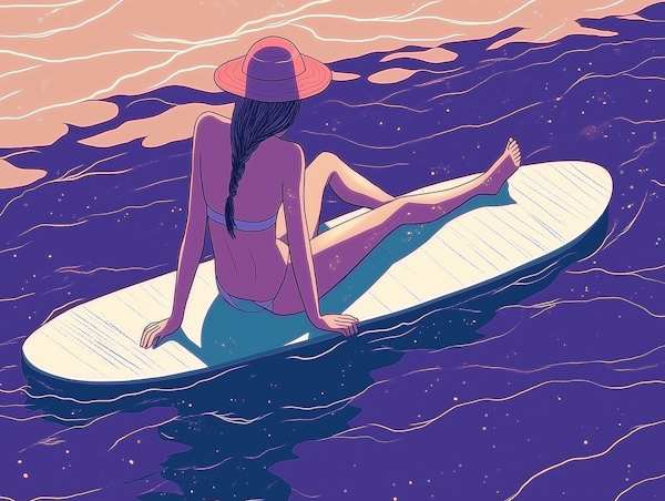 Tranquil Ocean Setting with Surfing Woman