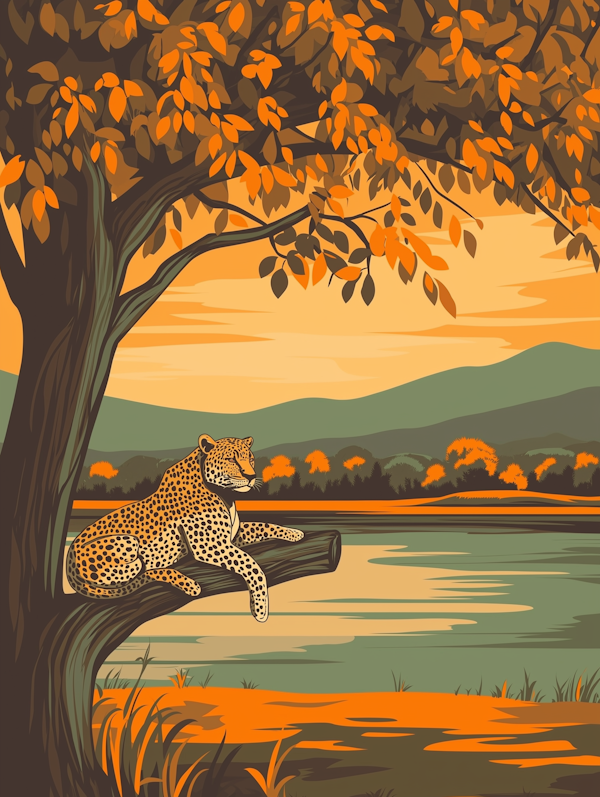 Tranquil Lakeside Leopard at Sunset