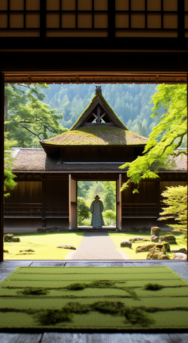 Tranquil Japanese Garden View with Silhouetted Kimono