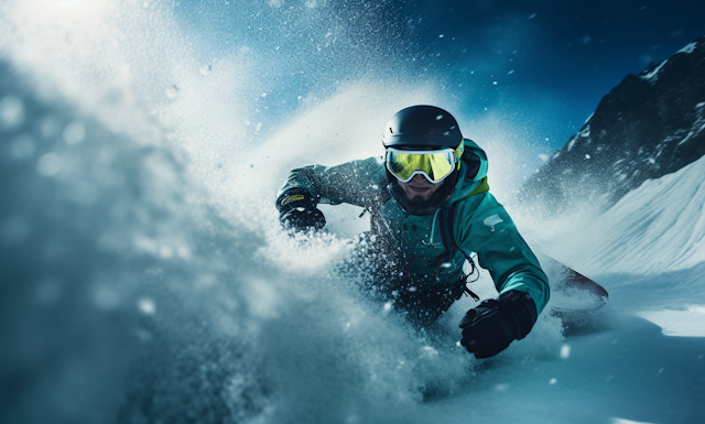 Dynamic Snowboarder Carving Powder