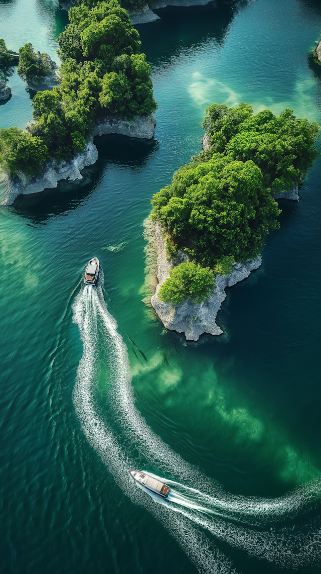 Aerial View of Lush Islands and Boats