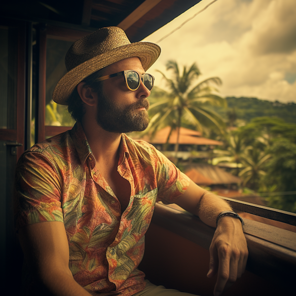 Contemplative Man with Fedora and Tropical Shirt
