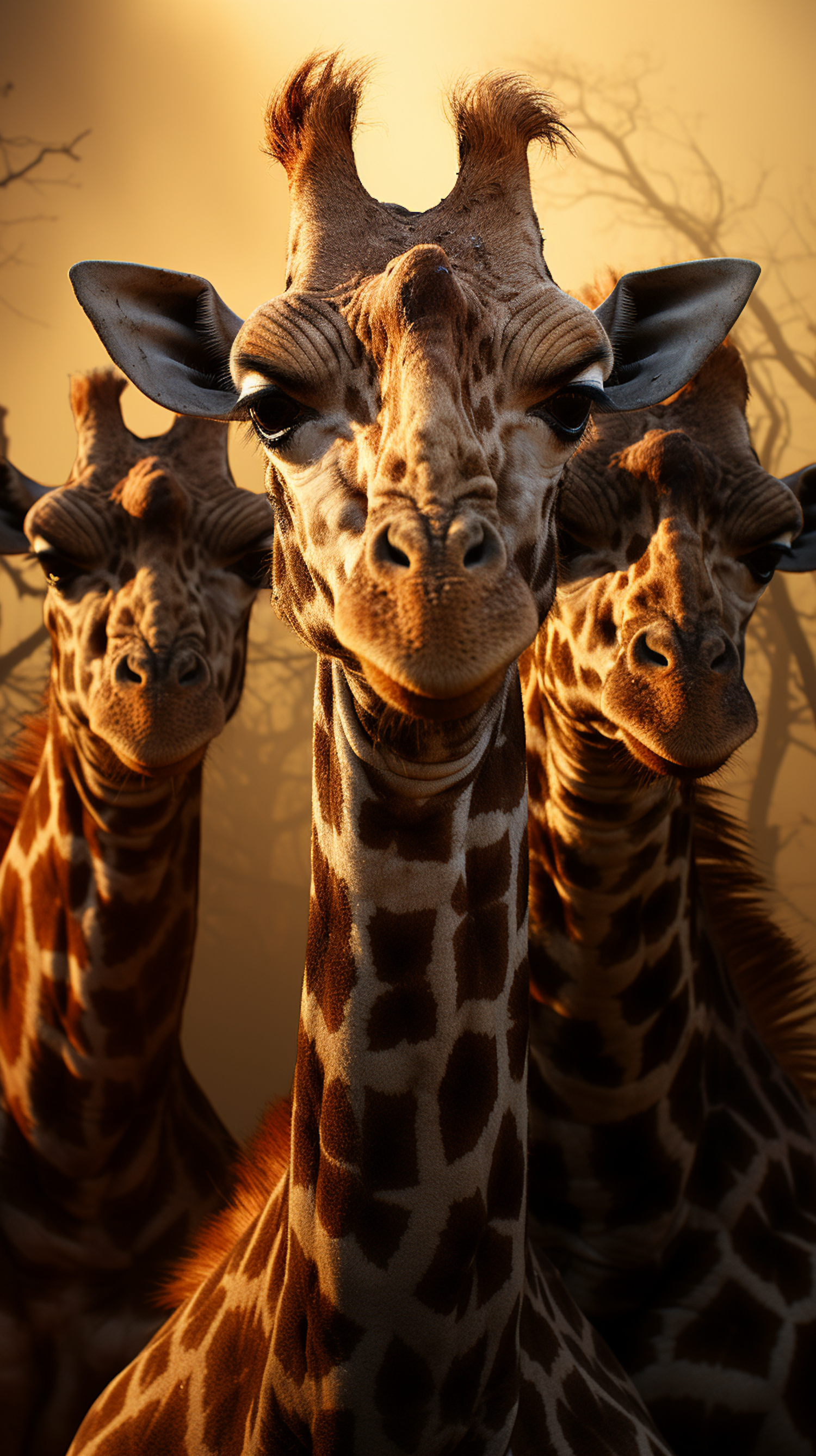 Symmetrical Serenity: Trio of Giraffes in Golden Light