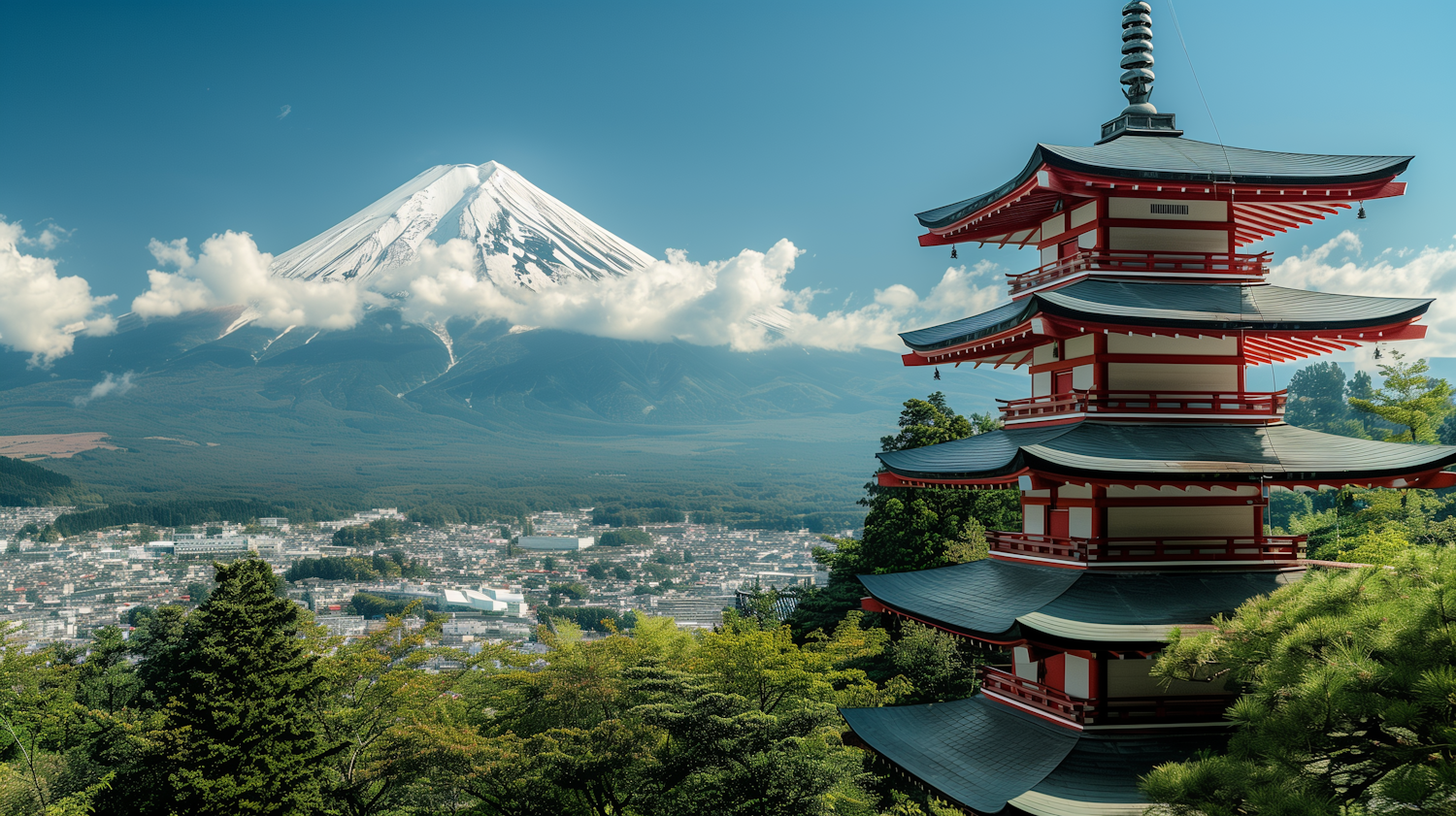 Red Pagoda and Mount Fuji