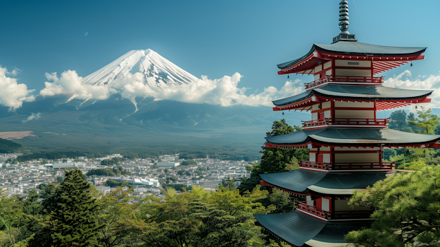 Red Pagoda and Mount Fuji