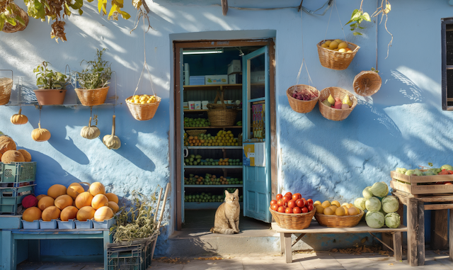 Quaint Mediterranean Fruit Shop with Cat