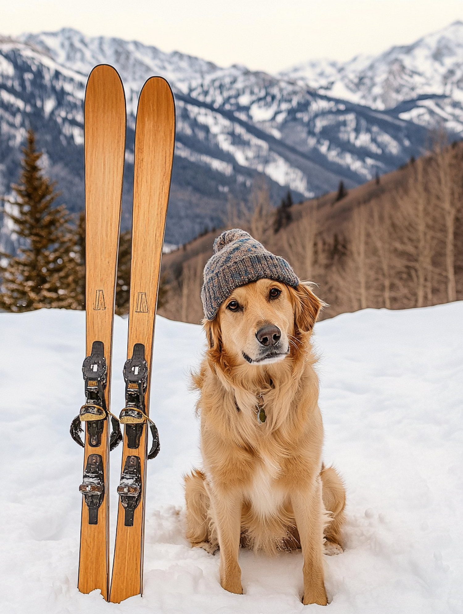 Golden Retriever in Snow with Skis