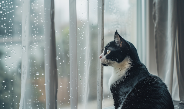 Pensive Cat at Rainy Window