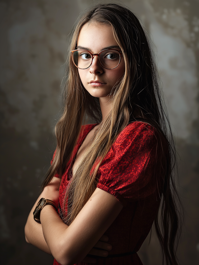 Contemplative Woman in Red Dress