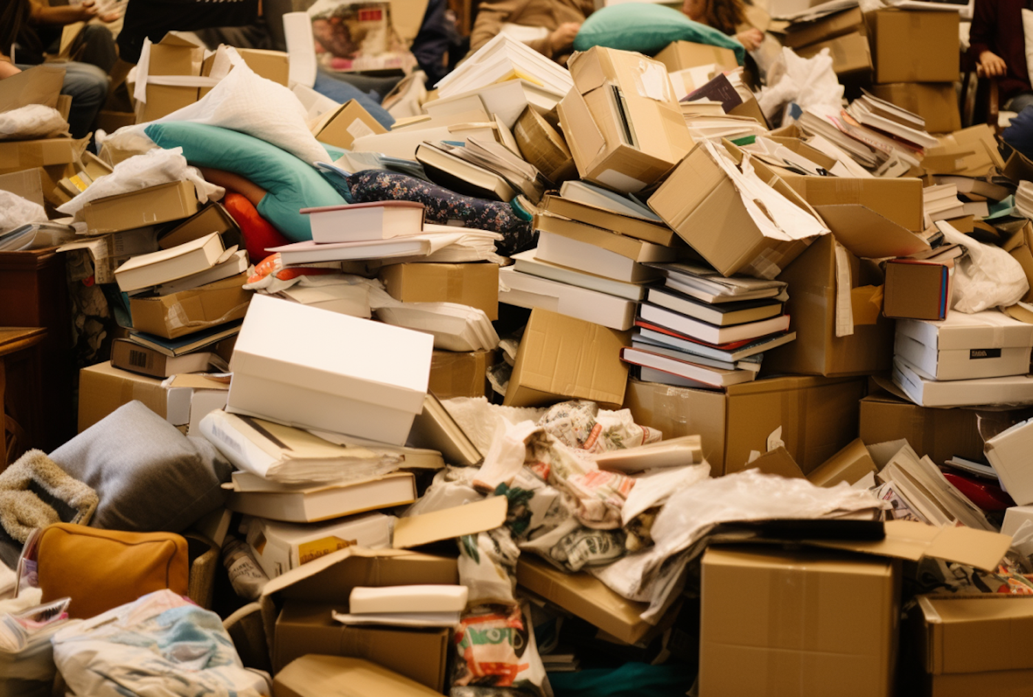 Cluttered Room with Boxes and Books