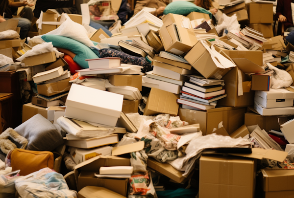 Cluttered Room with Boxes and Books