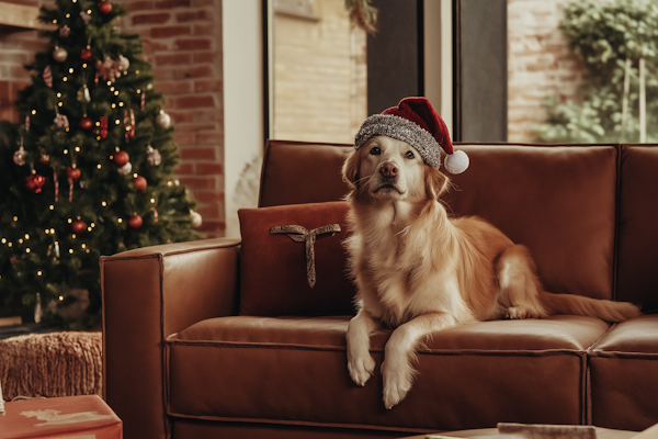 Golden Retriever with Santa Hat on Couch