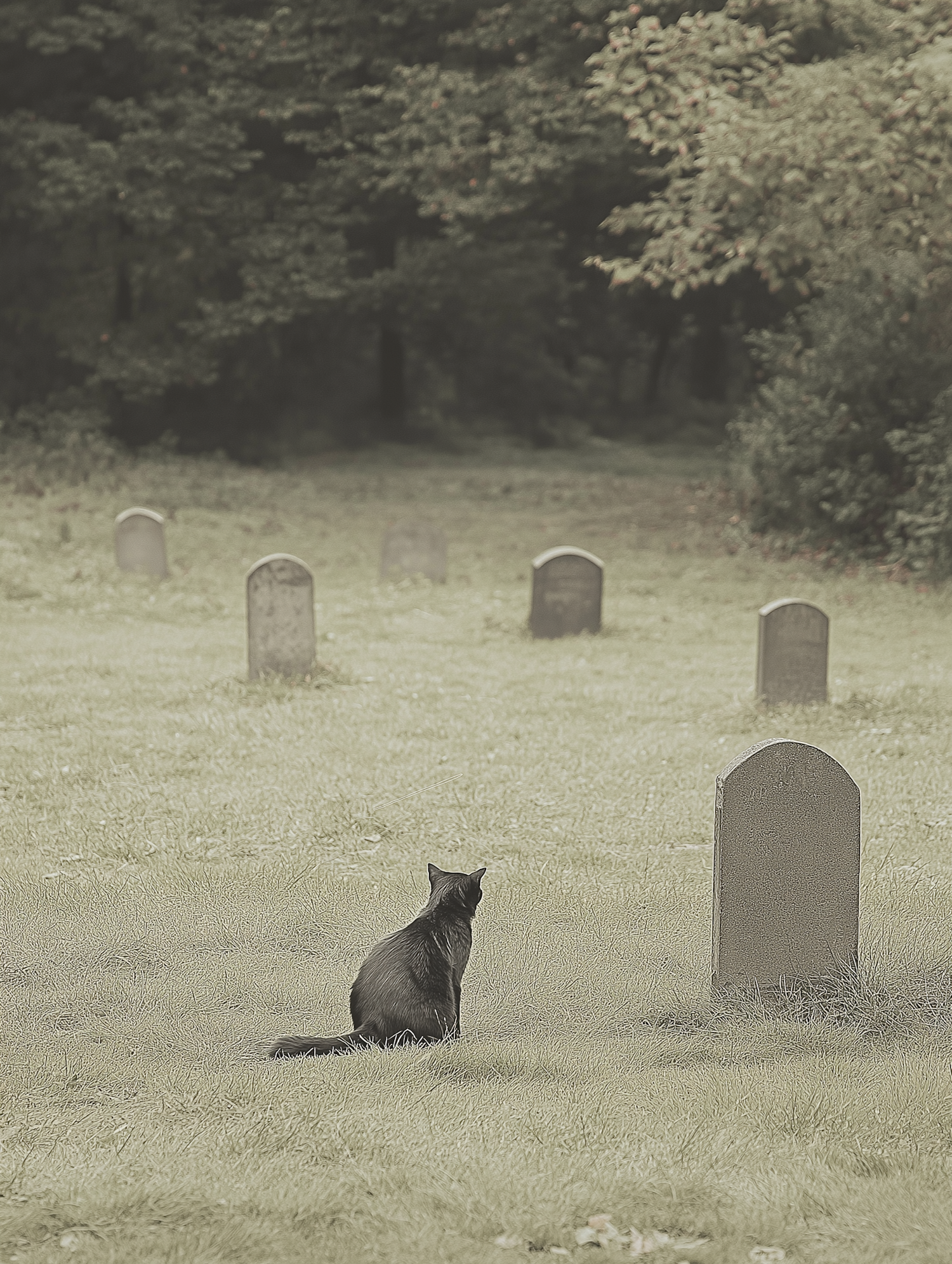 Contemplative Black Cat in Graveyard