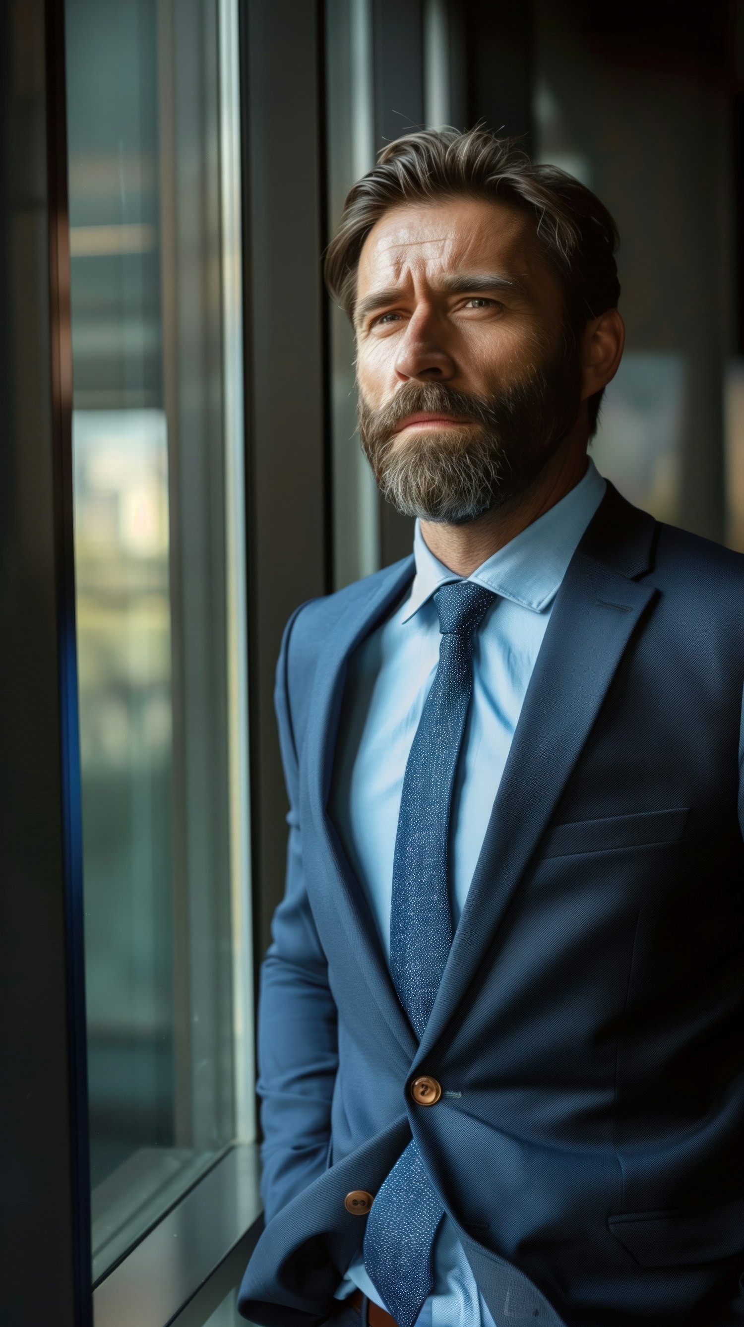 Contemplative Man in Blue Suit