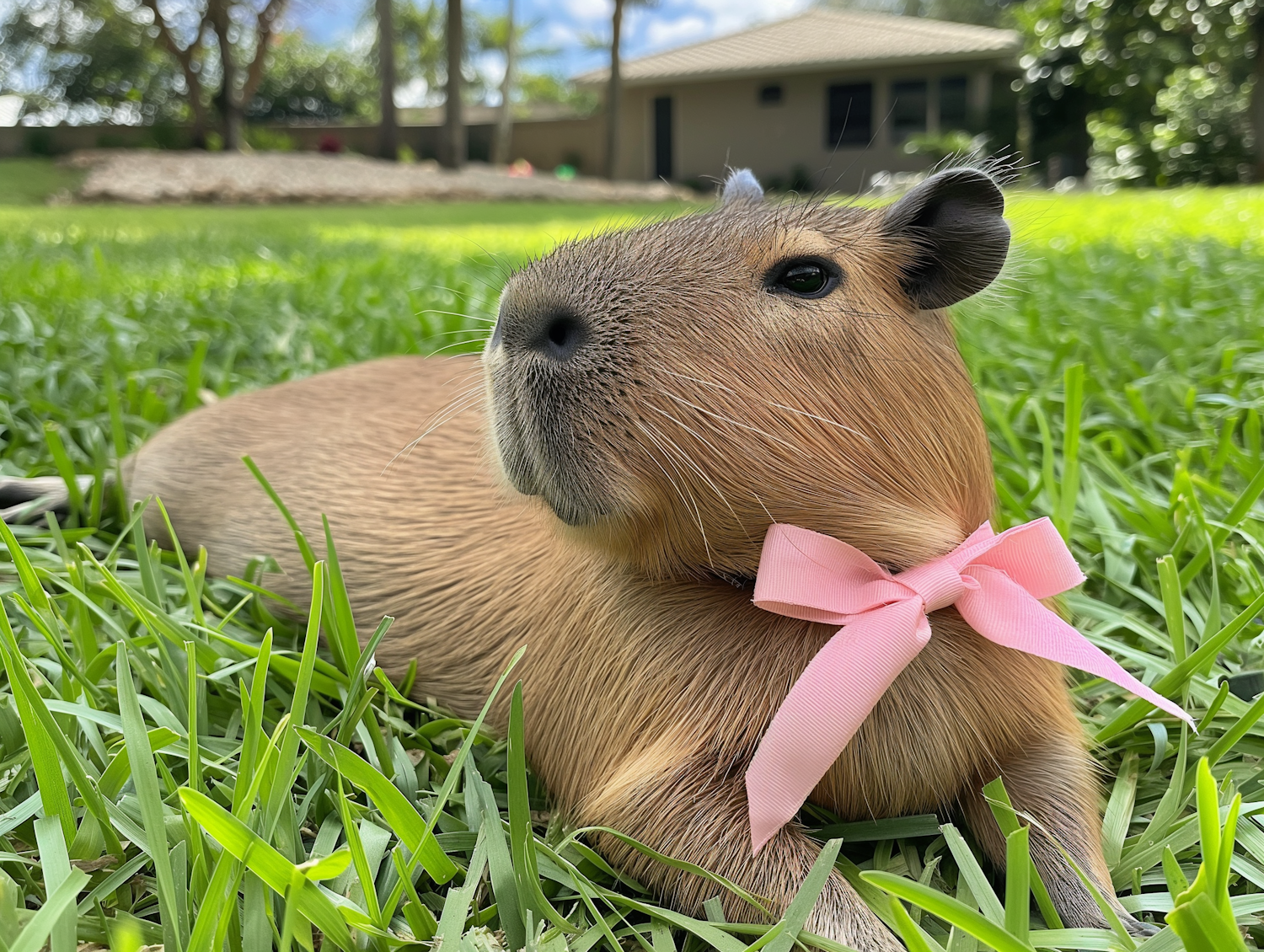 Serene Capybara with Pink Ribbon