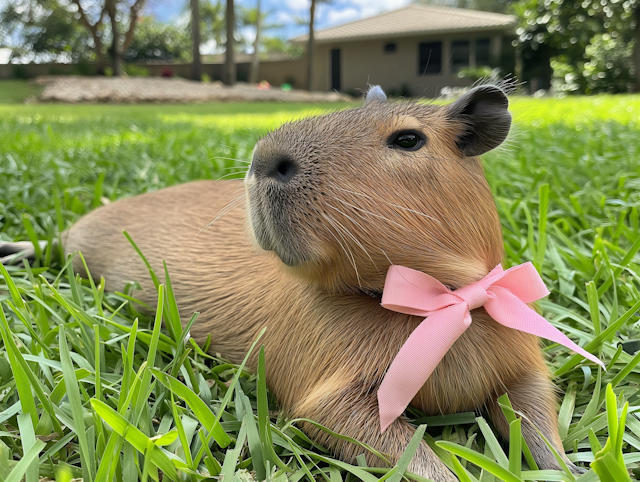 Serene Capybara with Pink Ribbon