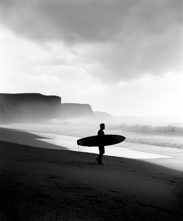 Lone Surfer on Misty Beach