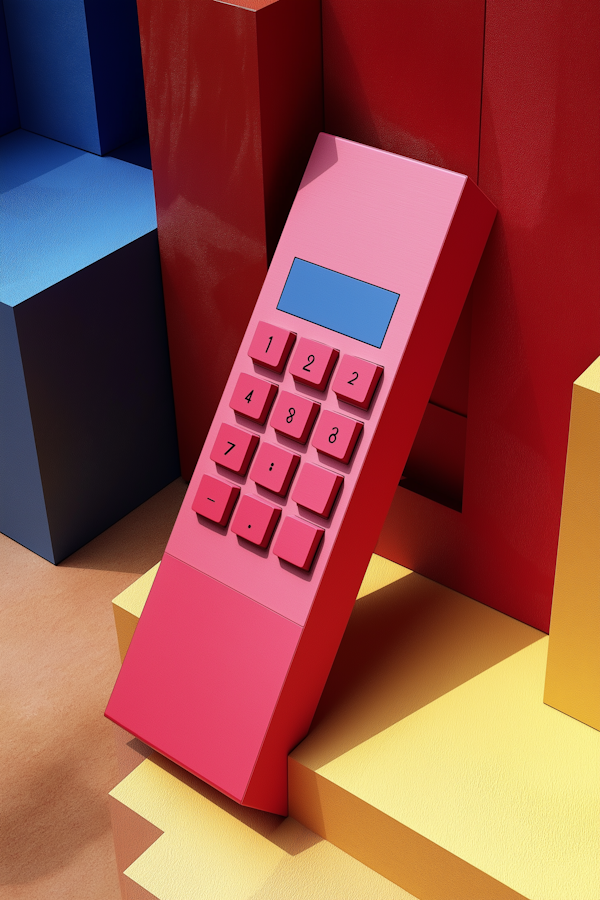 Giant Pink Calculator with Geometric Background