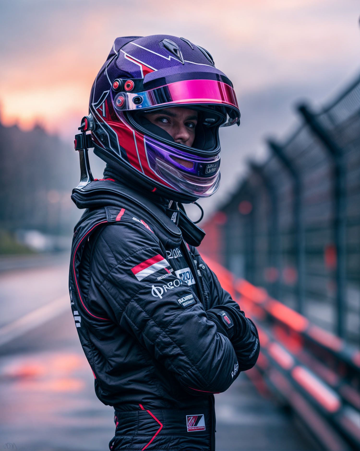 Confident Racing Driver at Dusk