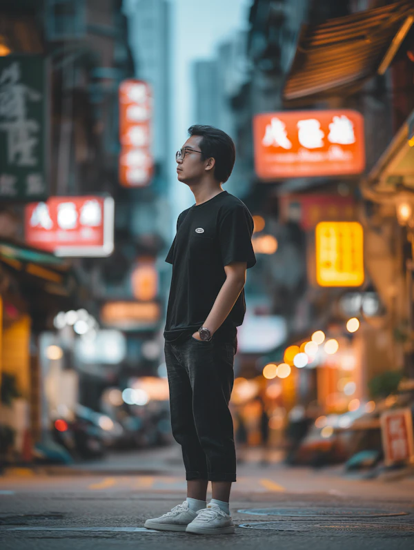 Contemplative Young Male in Neon-Lit East Asian Streetscape