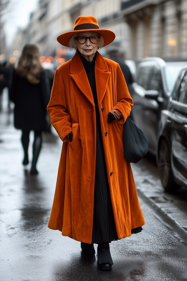 Elderly Woman in Orange Coat