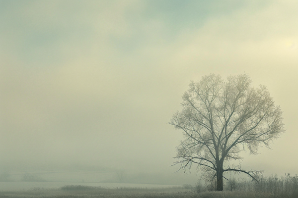 Serene Foggy Landscape with Solitary Tree