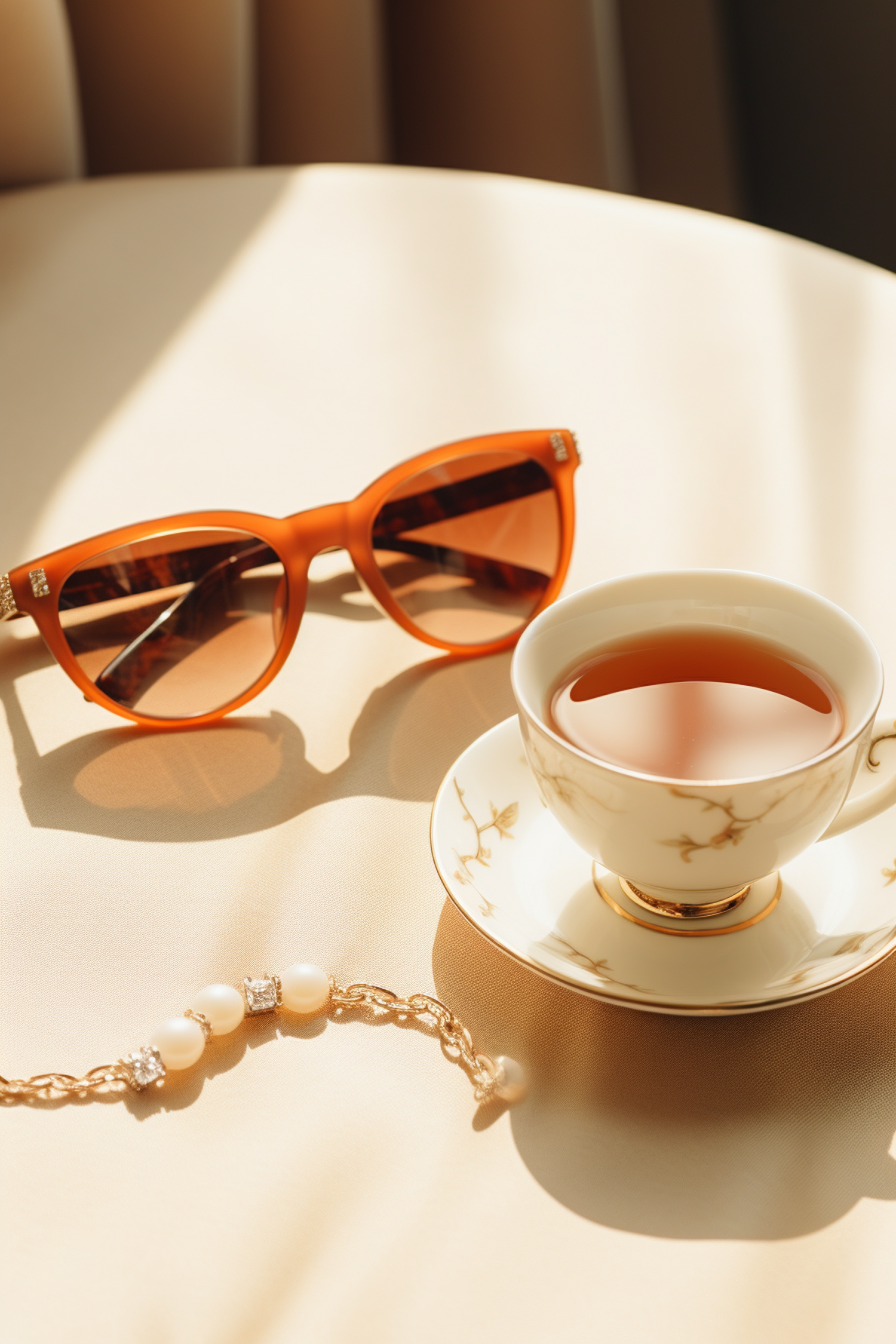 Tranquil Elegance: Sunglasses, Teacup, and Bracelet Still Life