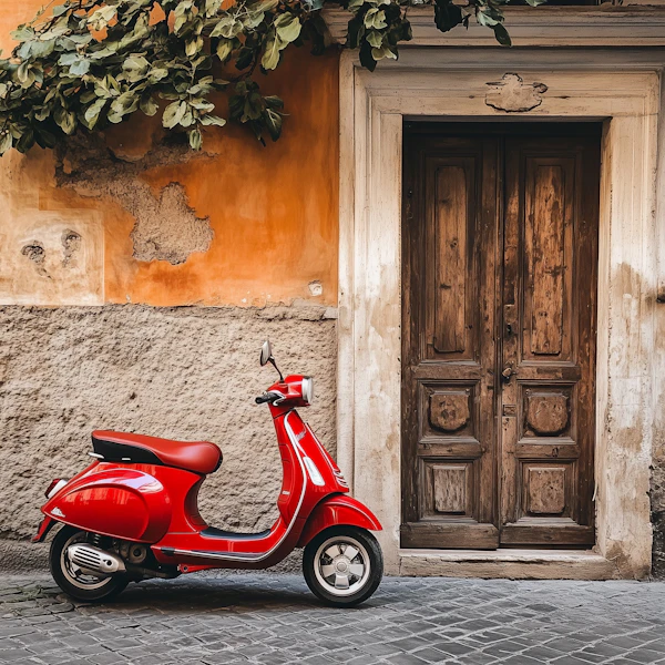 Red Scooter on Cobblestone