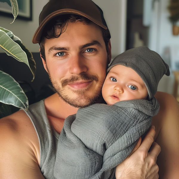 Tender Portrait of Young Man with Baby