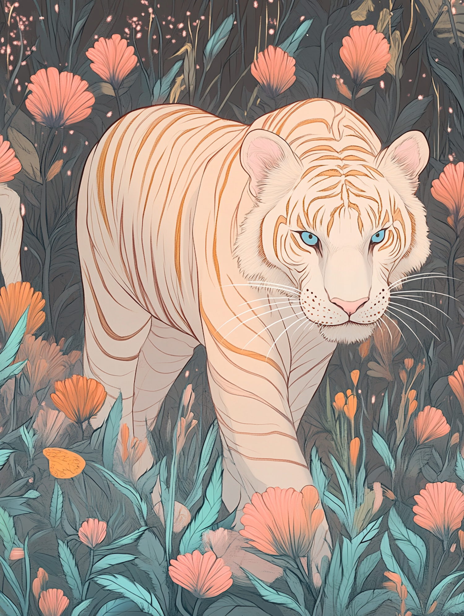 Majestic White Tiger in Floral Field