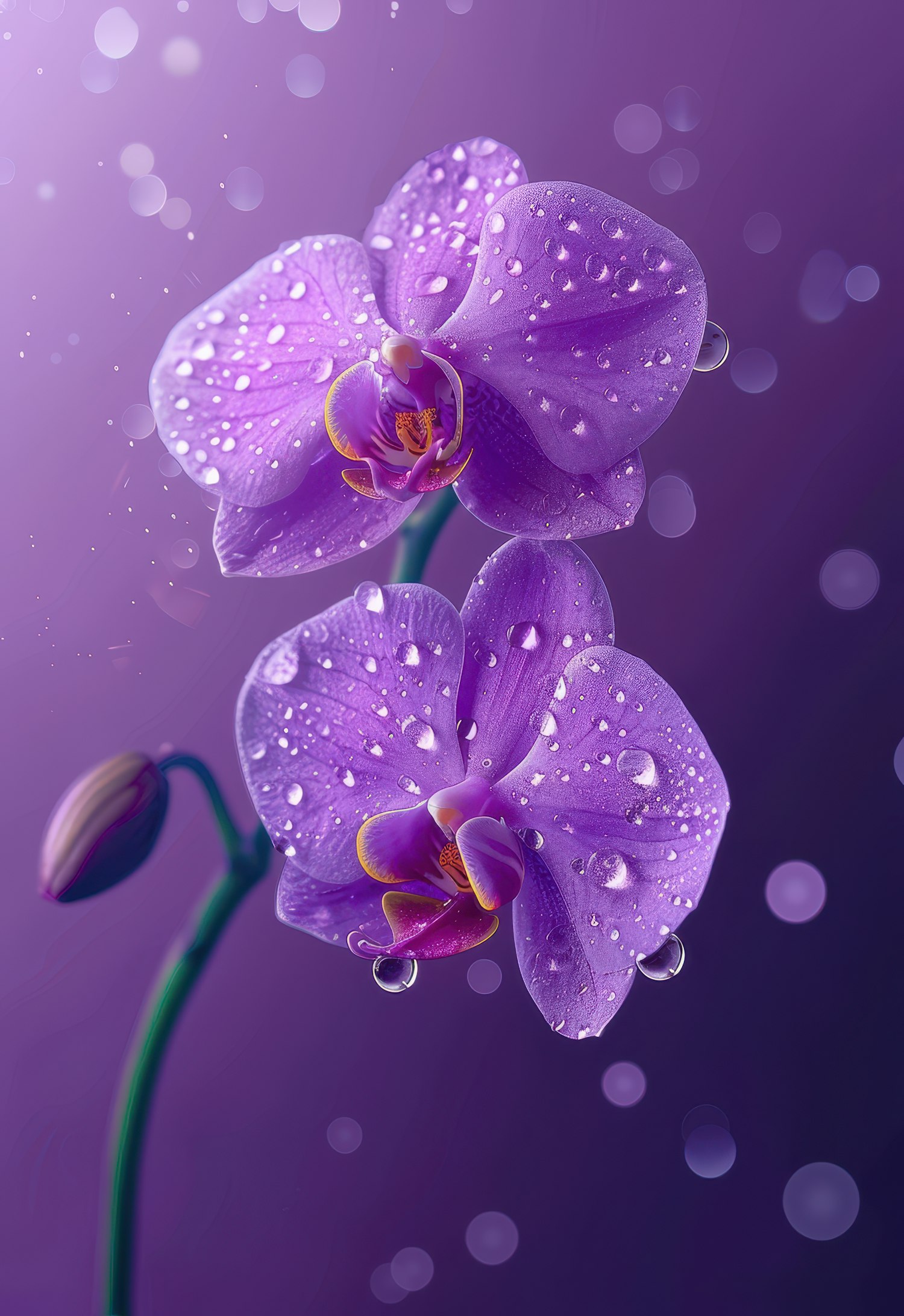 Vibrant Purple Orchids with Water Droplets